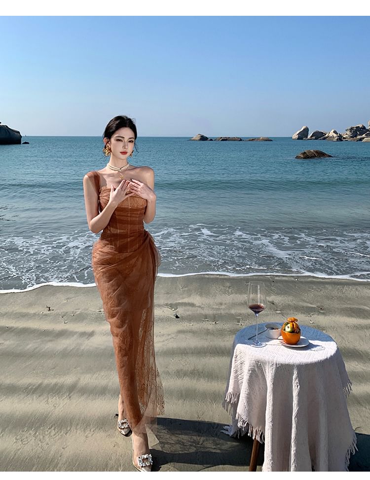 Strapless Mesh Maxi Sheath Dress