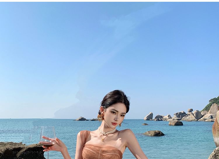 Strapless Mesh Maxi Sheath Dress