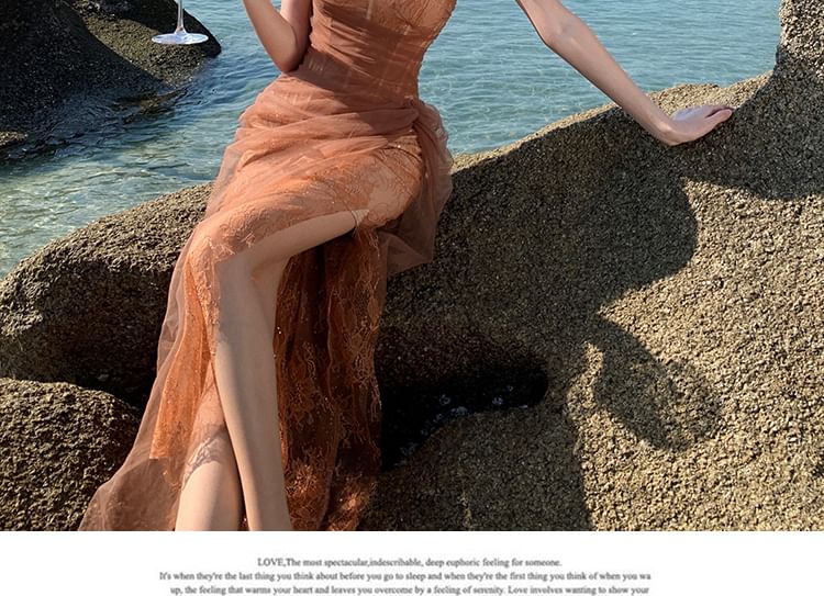 Strapless Mesh Maxi Sheath Dress