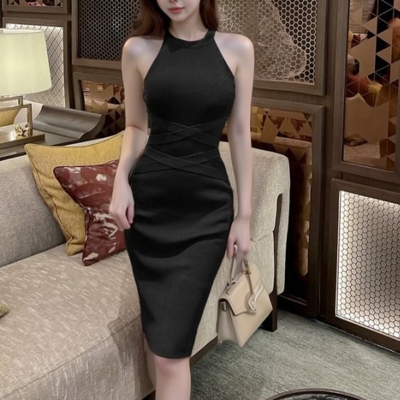 Halter Neck Plain Ribbed Sheath Knit Dress