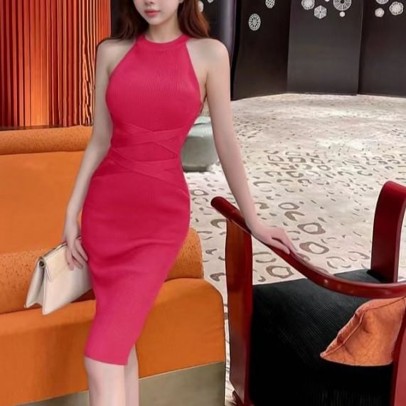 Halter Neck Plain Ribbed Sheath Knit Dress