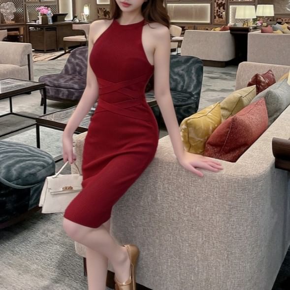 Halter Neck Plain Ribbed Sheath Knit Dress