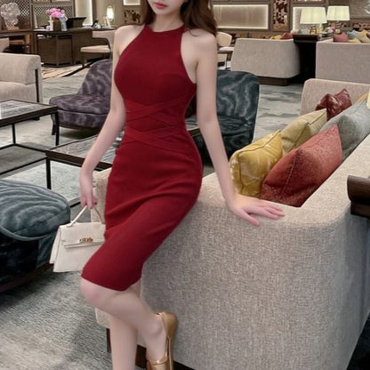Halter Neck Plain Ribbed Sheath Knit Dress