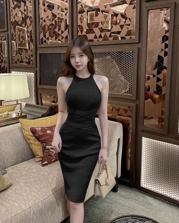 Halter Neck Plain Ribbed Sheath Knit Dress