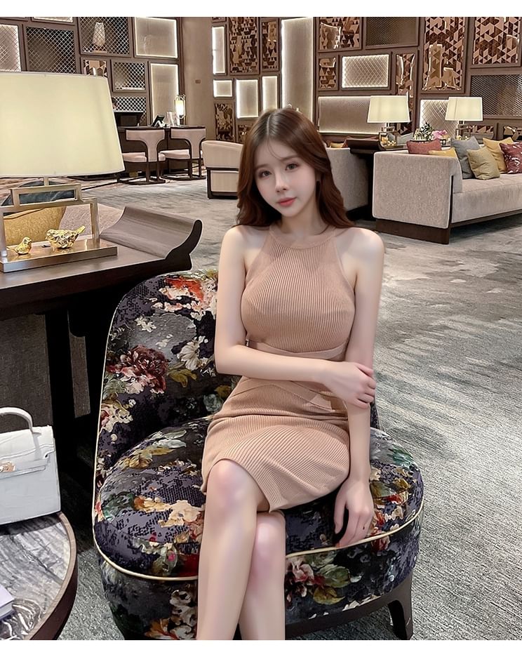 Halter Neck Plain Ribbed Sheath Knit Dress