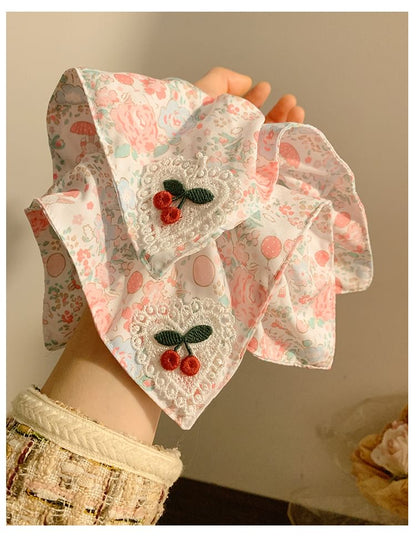 Print Applique Floral Square Cherry Scrunchie