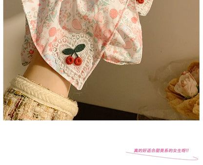 Print Applique Floral Square Cherry Scrunchie