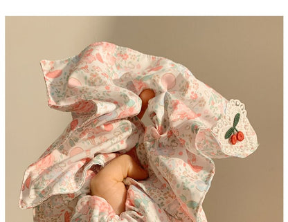 Print Applique Floral Square Cherry Scrunchie