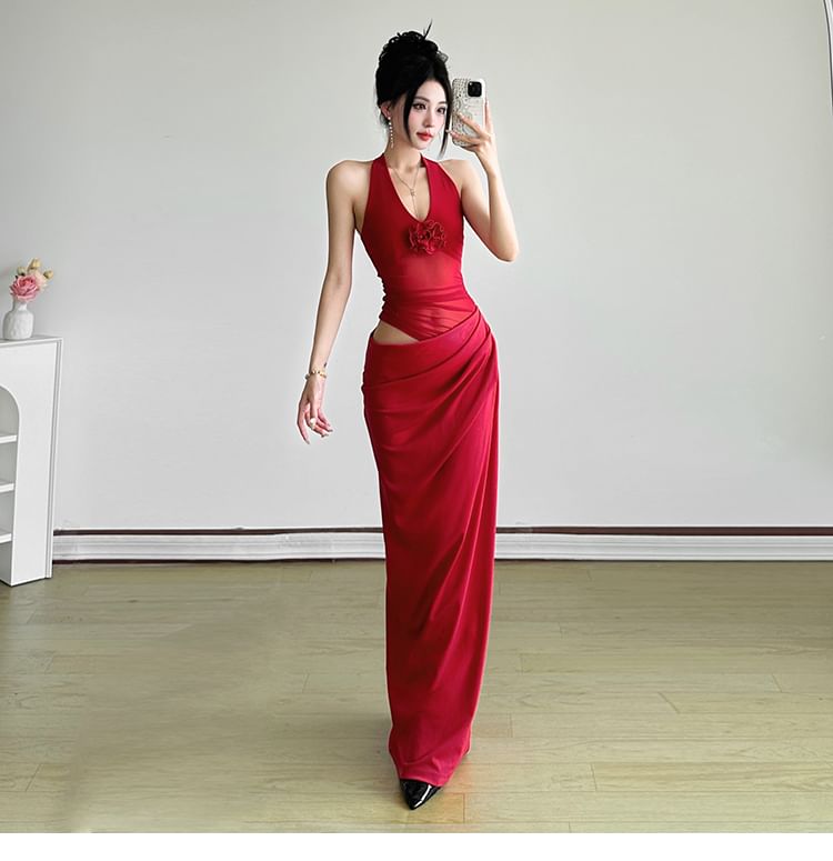 Sleeveless Floral Cutout Mesh Panel Maxi Bodycon Dress
