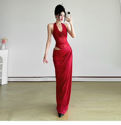 Sleeveless Floral Cutout Mesh Panel Maxi Bodycon Dress