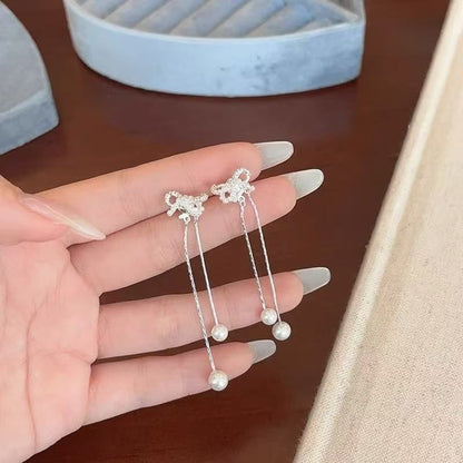 Earring Faux Rhinestone Pearl Dangle Bowknot