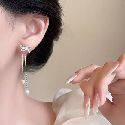 Earring Faux Rhinestone Pearl Dangle Bowknot