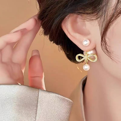 Bow Earring Pearl Drop Alloy Faux