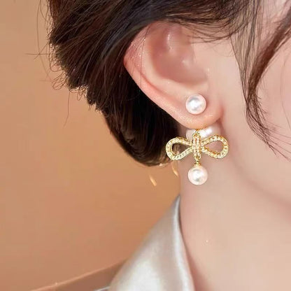 Bow Earring Pearl Drop Alloy Faux