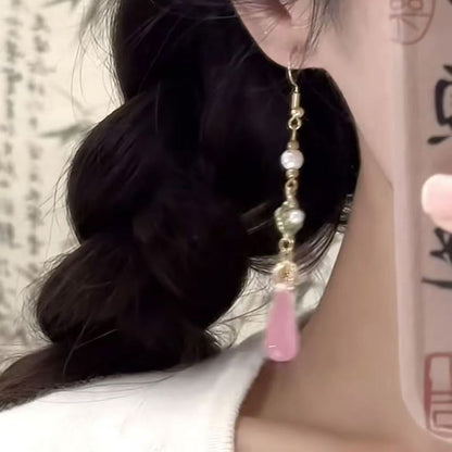 Alloy Gemstone Dangle Faux Pearl Earring