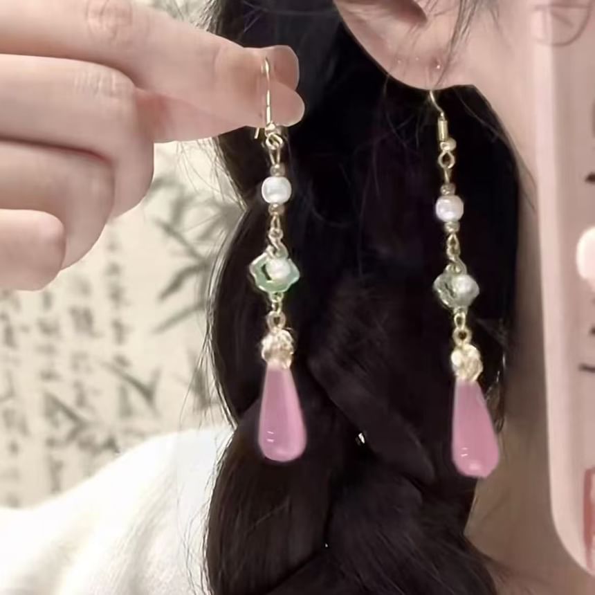 Alloy Gemstone Dangle Faux Pearl Earring