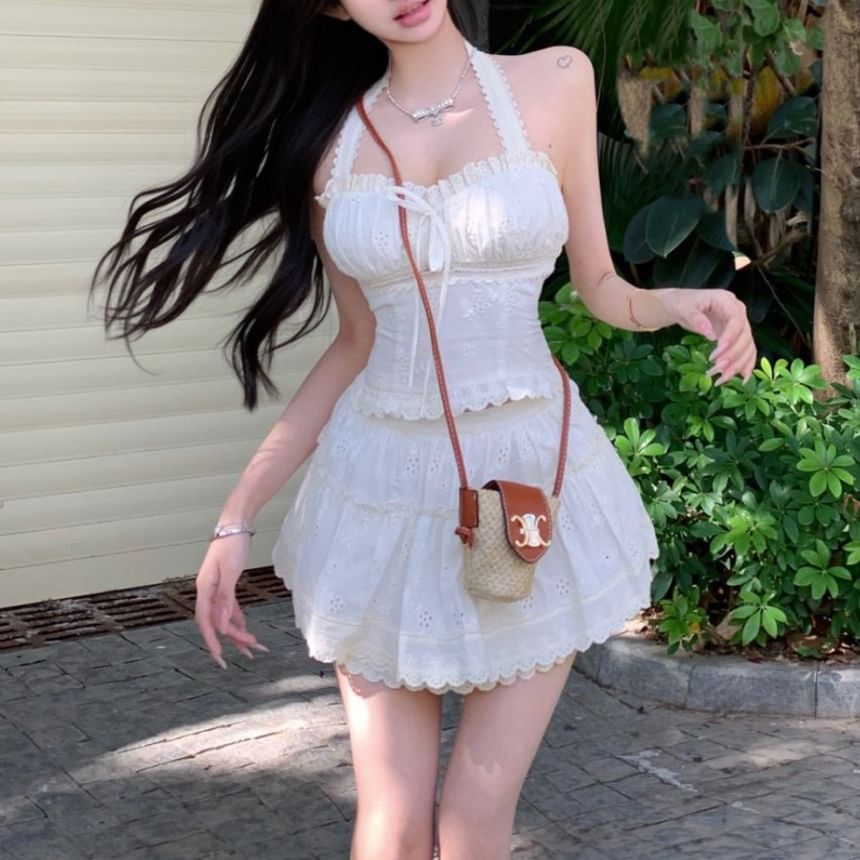 Mini Fit A-Linie Neckholder Rock Taille Slim Crop Elastisch / Stufenlos Plain Top Schleife