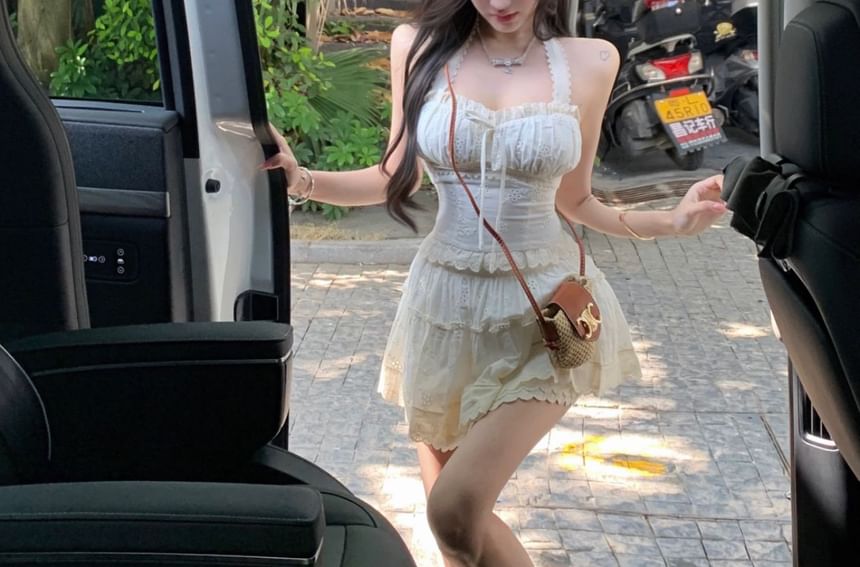 Mini Fit A-Linie Neckholder Rock Taille Slim Crop Elastisch / Stufenlos Plain Top Schleife