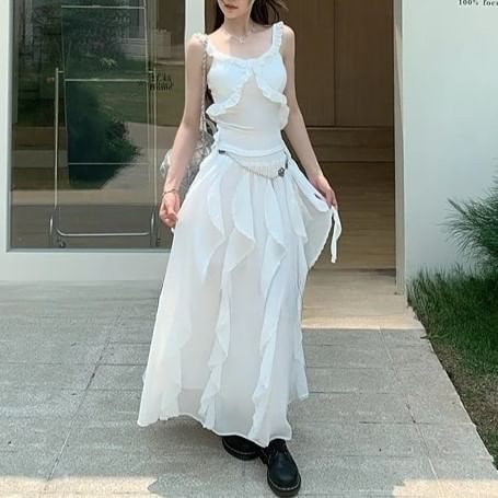 Schlankes Midi-/Taillen-A-Linien-Tanktop mit elastischem Oberteil, asymmetrischer Besatz, Rockpassform, schlichte Rüschen