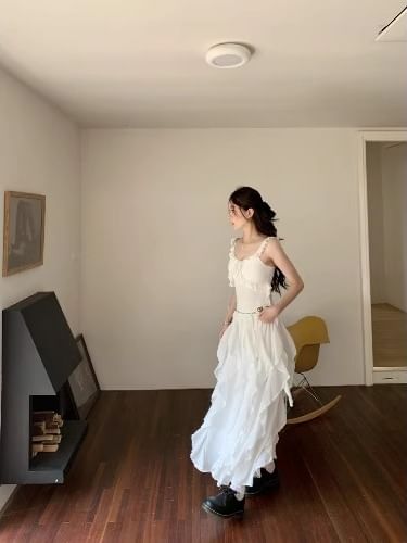 Schlankes Midi-/Taillen-A-Linien-Tanktop mit elastischem Oberteil, asymmetrischer Besatz, Rockpassform, schlichte Rüschen