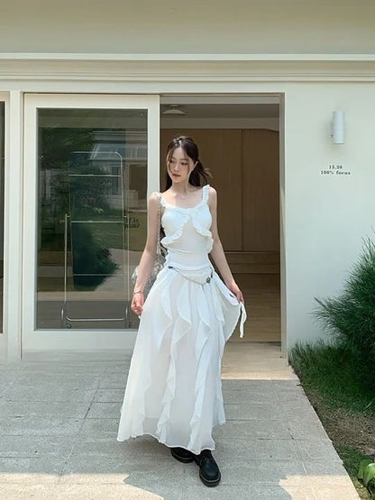 Schlankes Midi-/Taillen-A-Linien-Tanktop mit elastischem Oberteil, asymmetrischer Besatz, Rockpassform, schlichte Rüschen