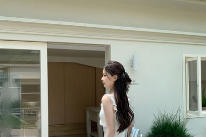 Schlankes Midi-/Taillen-A-Linien-Tanktop mit elastischem Oberteil, asymmetrischer Besatz, Rockpassform, schlichte Rüschen