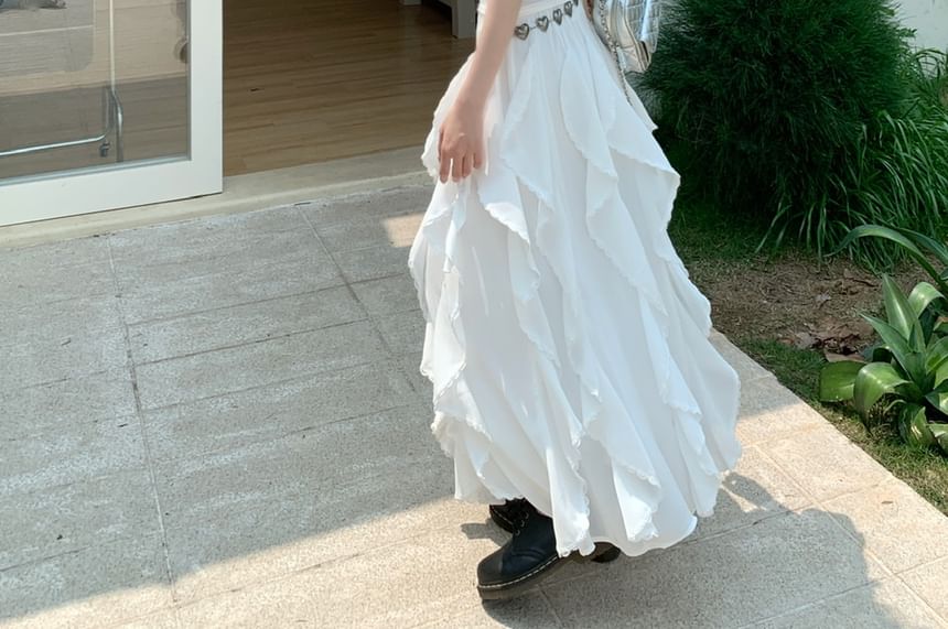 Schlankes Midi-/Taillen-A-Linien-Tanktop mit elastischem Oberteil, asymmetrischer Besatz, Rockpassform, schlichte Rüschen