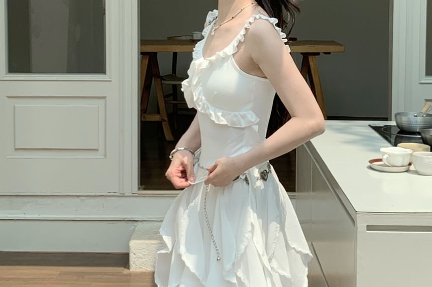 Schlankes Midi-/Taillen-A-Linien-Tanktop mit elastischem Oberteil, asymmetrischer Besatz, Rockpassform, schlichte Rüschen