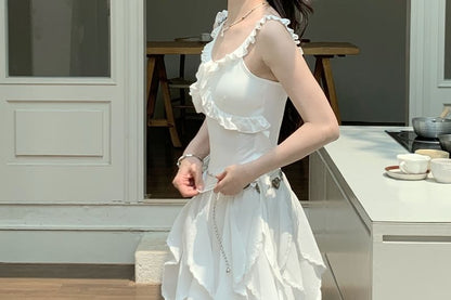 Schlankes Midi-/Taillen-A-Linien-Tanktop mit elastischem Oberteil, asymmetrischer Besatz, Rockpassform, schlichte Rüschen