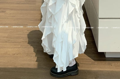 Schlankes Midi-/Taillen-A-Linien-Tanktop mit elastischem Oberteil, asymmetrischer Besatz, Rockpassform, schlichte Rüschen