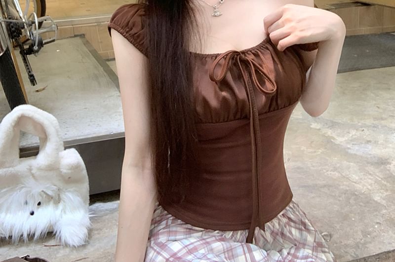 ボウネック スクエアプレーン スリム キャップスリーブ フィット ブラウス