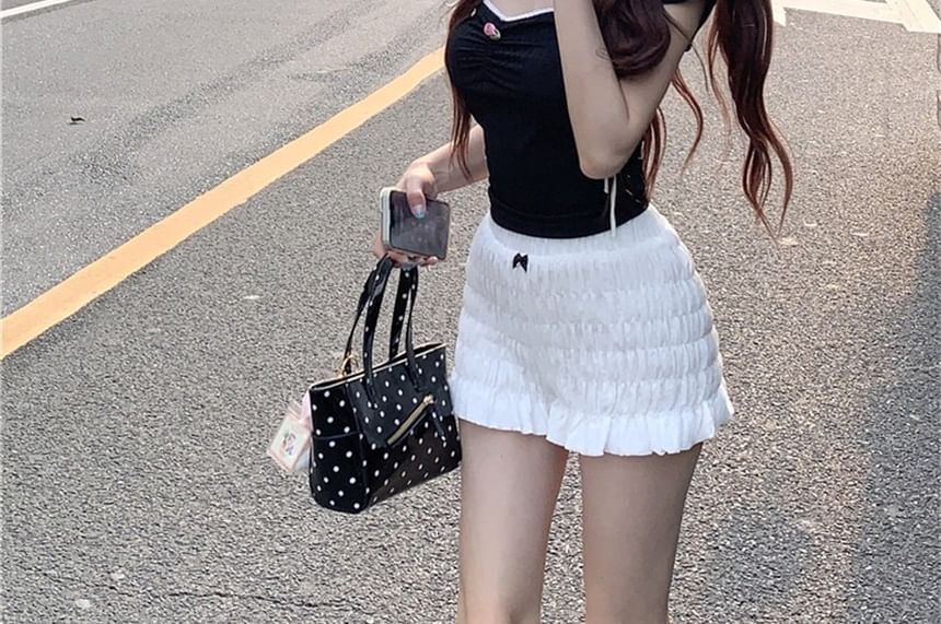 Tシャツ トリムフィット コントラスト スリム ボウ キャップスリーブ クロップ