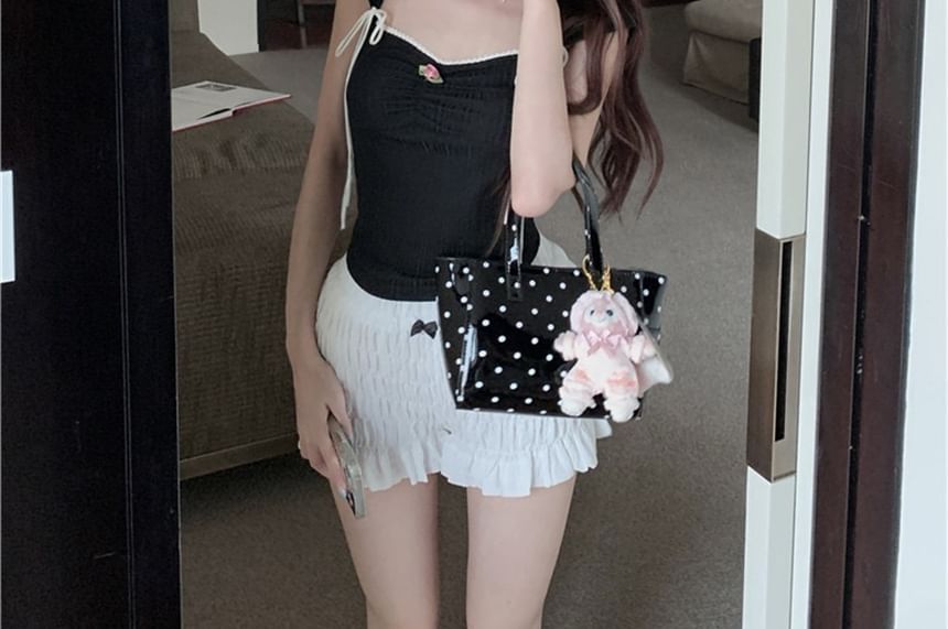 Tシャツ トリムフィット コントラスト スリム ボウ キャップスリーブ クロップ