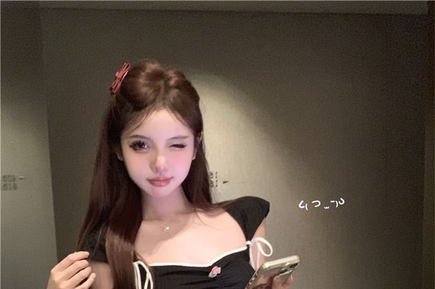 Tシャツ トリムフィット コントラスト スリム ボウ キャップスリーブ クロップ