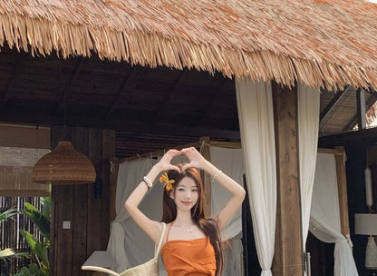 Knotenwickel-Krawatten-Fit / Mittelschmal geschnittenes Maxi-Camisole mit Neckholder und A-Linien-Oberteil und Rock, einfarbig, gefärbt