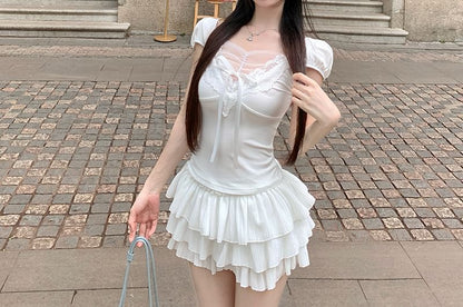 プレーンモックフィットボウパネルスリムレースTシャツキャップスリーブツーピース