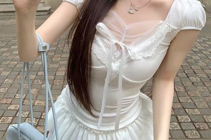 プレーンモックフィットボウパネルスリムレースTシャツキャップスリーブツーピース