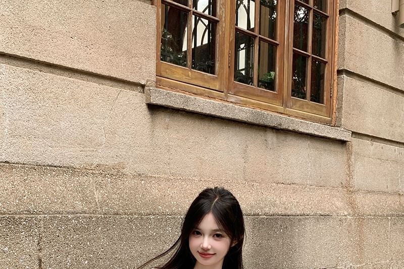 プレーンモックフィットボウパネルスリムレースTシャツキャップスリーブツーピース