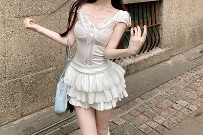 プレーンモックフィットボウパネルスリムレースTシャツキャップスリーブツーピース