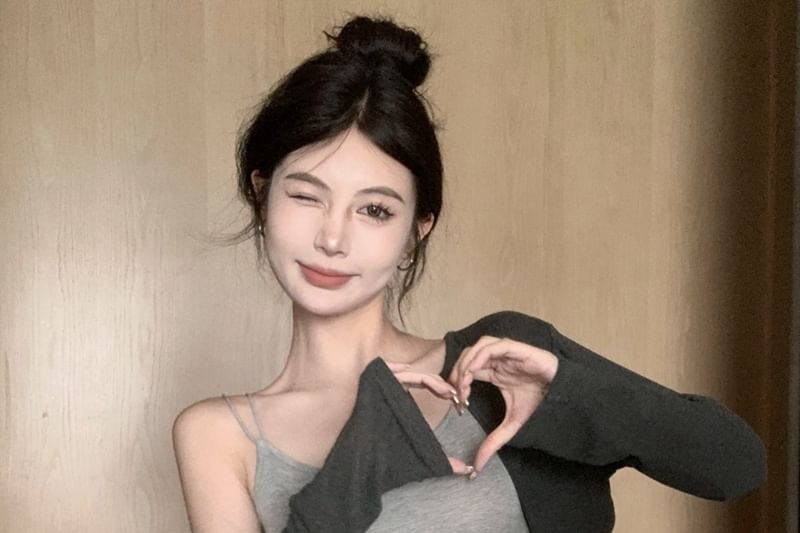 フィットスリムキャミソール 伸縮性/ペンシルスカート ドローストリングトップ ミニセット カーディガン ウエスト メランジ クロップ