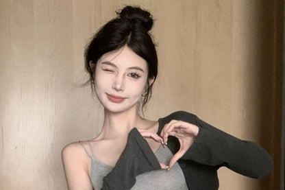 フィットスリムキャミソール 伸縮性/ペンシルスカート ドローストリングトップ ミニセット カーディガン ウエスト メランジ クロップ