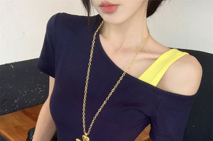 フィットトーン 半袖 アシンメトリー Tシャツ コールドショルダー モック スリムネック ツーピース