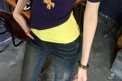 フィットトーン 半袖 アシンメトリー Tシャツ コールドショルダー モック スリムネック ツーピース