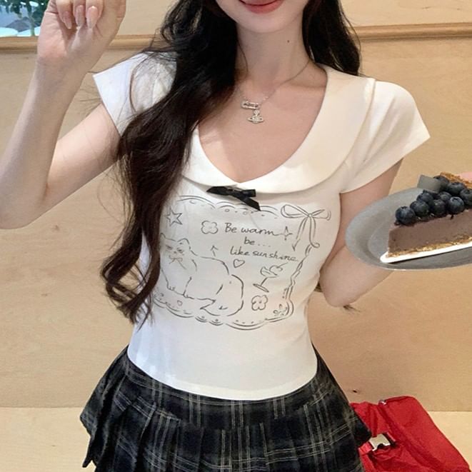 首輪付き猫キャッププリントスリーブボウ