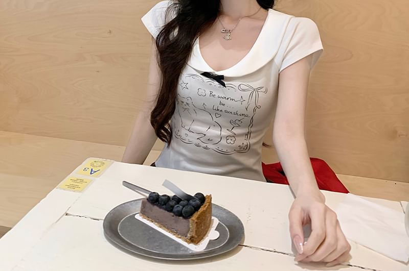 首輪付き猫キャッププリントスリーブボウ