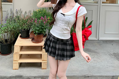 首輪付き猫キャッププリントスリーブボウ