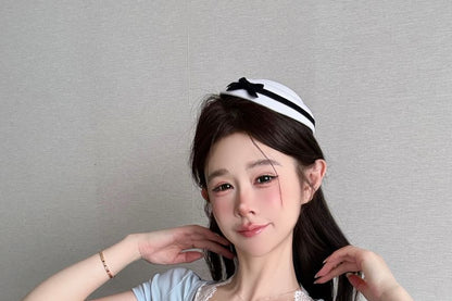 レースショートパネルトップ Vネックスリーブボウ