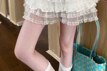 Schlichter Panelrock Gestufte Taille Spitze A-Linie Mini Hoch