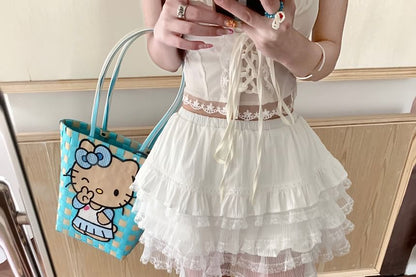 Schlichter Panelrock Gestufte Taille Spitze A-Linie Mini Hoch