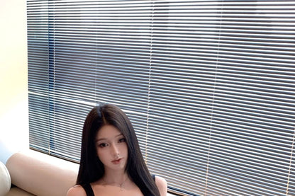 Schleife Ärmelloser Hals A-Linie Gerafftes Schlichtes Kleid Quadratisches Mini